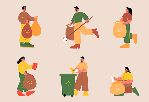 Set of people collect trash, ecology, nature protection, volunteering and social charity concept. Volunteers characters clean up garbage, put in recycling bins and sacks, Line art vector illustration