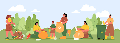 People collect and sorting waste in park. Vector flat illustration of volunteers collecting trash in bags and bin for recycle. Summer landscape with women and men pick plastic and organic rubbish