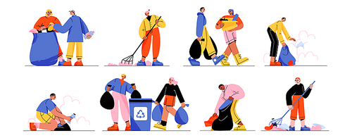 People collect trash, volunteers characters clean up rubbish and garbage for recycling. Ecology, nature protection, volunteering and social charity concept, Line art vector illustration isolated set