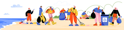 Ecology volunteers cleaning beach from trash, flat character vector illustration. Happy young men and women picking up, putting garbage into waste recycling bin to protect environment from pollution