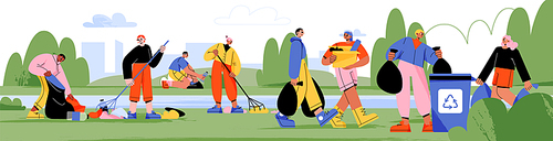 Volunteers collect trash in city park, people clean up garbage. Characters put litter in recycling bins and sacks, ecology, nature protection and social charity concept, Line art vector illustration