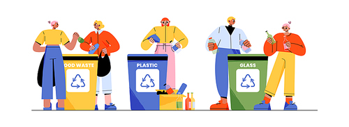 People sorting waste to garbage containers for plastic, food and glass. Concept of trash recycle with characters separate rubbish, bottles from bags and box, vector flat illustration