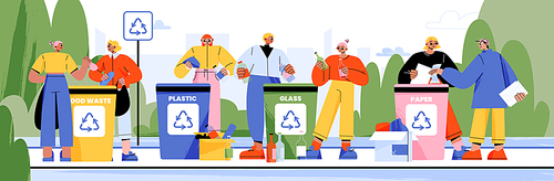Happy people sorting waste flat vector illustration. Environmentally conscious men and women putting plastic, glass, paper, organic garbage in different trash bins for recycling. Care about ecology