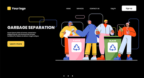 Garbage separation banner with people sorting trash for plastic and glass. Vector landing page of waste recycle with flat illustration of characters separate rubbish
