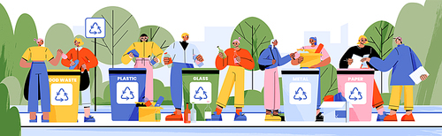 Garbage separation, waste sorting, recycle concept. People collect trash into recycling bins for wood, plastic, glass, metal and paper. Ecology, nature protection, Line art flat vector illustration