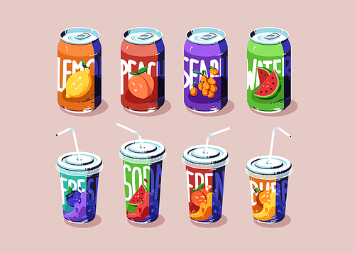 Soda cups and cans set, cold drinks of various flavors lemon, peach, watermelon and sea buckthorn or blueberry. Closed metal or plastic bottles with straws, fizzy fresh beverages, Cartoon illustration