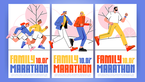 Family marathon ads banners, invitation for parents and children to run sports competition. Father, mother, daughter and son characters healthy lifestyle, outdoor activity Line art flat Vector posters