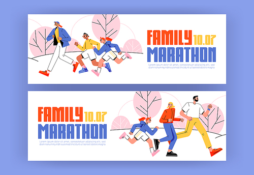 Family marathon ads banners, invitation for parents and children to run sports competition. Father, mother, daughter and son characters healthy lifestyle, outdoor activity Line art flat Vector posters