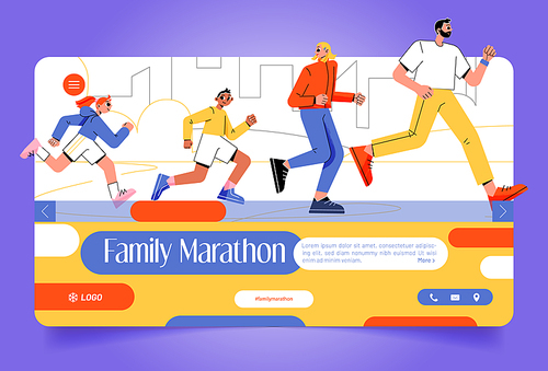 Family marathon banner with happy couple and kids running in city. Vector landing page of sport activity, healthy lifestyle with flat illustration of boy and girl jogging with parents