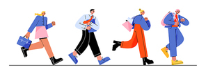 Businessmen and women run to work. Vector flat illustration of employee characters in suits with briefcase, bag and papers rush and hurry to office or business aim