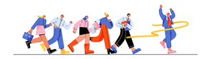Business race, competition in team concept. Businessman run first, tearing finish ribbon and win corporate sprint. Vector flat illustration of people rush to leadership