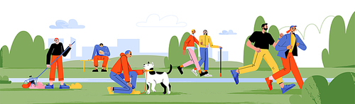 City park with people walking with dog, jogging, clean trash and sitting on bench with phone. Vector flat illustration of summer landscape with walkers and runners