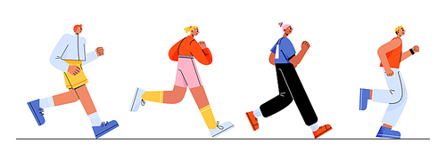 People run in row, marathon jogging, sports exercising or competition concept with young male and female athlete characters in sportswear, healthy lifestyle, activity Line art flat Vector Illustration