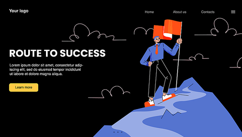 Route to success banner with man on top of mountain with red flag. Vector landing page of career development, business growth with flat illustration of businessman climb on rock peak