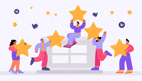 Customer feedback, online review concept. Vector flat illustration of service rating with people holding five gold stars, like symbols and laptop on light background