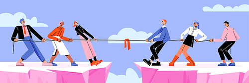 Business teams tug of war battle over mountain gap. Opposite groups pull rope during competition or rivalry. Characters fighting for leadership, arguing, wrestling, Line art flat vector illustration