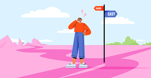 Man stand on crossroad fork with pointer show hard and easy directions. Character making decision what road to choose. Business challenge, task solution, choice way, Line art flat vector concept