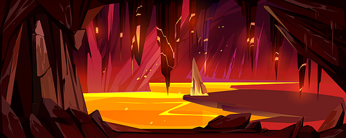 Cave with lava, underground hell landscape with glowing magma lake and stalactites hang from ceiling. Infernal scene with stones, rocks, computer game background, wallpaper Cartoon vector illustration