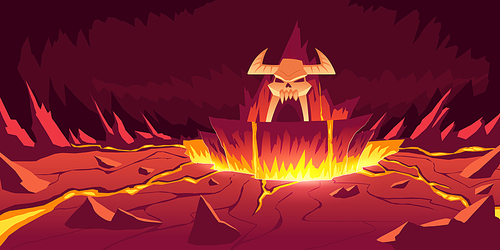 Hell landscape, cartoon vector illustration. Infernal stone cave with cracked hot rocks and volcanoes, flowing molten lava or liquid fire and horned skull, fiery game background