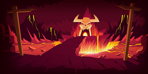 Hell landscape, cartoon vector illustration. Infernal stone cave and bridge, road to hell with heat rock and volcanoes, flowing molten lava or liquid fire and horned skull, fiery game background