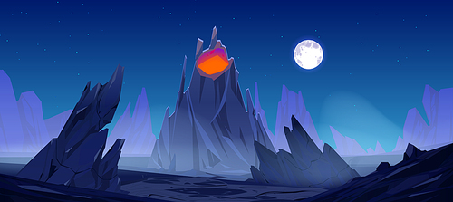 Night landscape volcano with red glowing magma in crater under starry sky with full moon. Nature background with mountains and rock with glow hot liquid in volcanic mouth, Cartoon Vector illustration