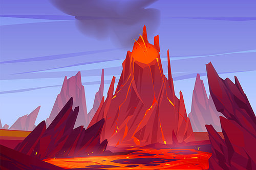 Volcanic eruption illustration. Volcano erupts with hot lava, fire and clouds of smoke, ash and gases. Vector cartoon landscape with rocks, mountain with crater and flow magma at sunset