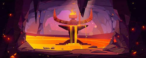Underground cave, entrance to hell or infernal world with lava, devil altar with stone horns and burning fire on top with sparks flying, stalactite rocks, magma, Cartoon vector blazing satan sanctuary
