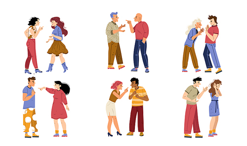Couples and friends quarrel and argue. Concept of conflict, bad relationships. Vector flat illustration of diverse angry men and women dispute and arguing isolated on white