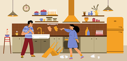 Family conflict, quarrel in couple. Home scene with angry woman blame man. Vector flat illustration of wife and husband dispute and argue on kitchen with broken plates