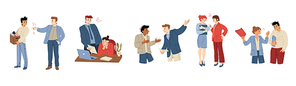 Angry boss scold workers in office. Concept of bad communication on workplace, conflict with leader. Managers shouting at employees and fired staff, vector flat illustration