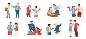 Angry boss yelling at employee, flat vector illustration set. Rude male and female characters shouting, criticizing, firing upset office workers for mistake, bad work. Stressful job and disrespect