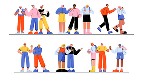 School bullies concept, teen violence, negative behavior. Students mocking and shame victim, pointing, take money. Vector flat illustration of kids bullying, bad behavior problem