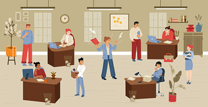 Angry boss shout on employees in office. Woman manager scold people on workplace. Bad communication in company, pressure and stress at work, vector flat illustration