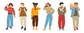 Body language, negative emotions concept. People characters show denial, refuse, ignore or stop gestures with hands expressing disagree communication feelings, Cartoon linear flat vector illustration