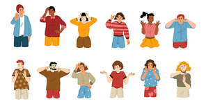Body language, negative emotions concept. Characters show refuse, denial, no, ignore or stop gestures with hands. Diverse people expressing disagree feelings, Cartoon linear flat vector illustration