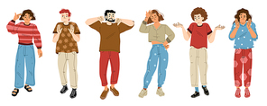 People with negative emotions and gestures of stop, rejection, denial. Diverse anxiety and angry characters show thumb down, disagree and ignore, isolated on white , vector flat illustration