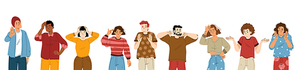 Set of unhappy people showing negative emotions. Male and female flat characters with sad faces making thumbs down, facepalm, stop, no hand gestures. Bad mood, annoyance body language. Vector illustration