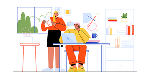 Strict female boss criticizing male employee for mistakes at work. Upset man sitting at desk in office, angry woman showing errors in document. Stressful job. Business ethics. Flat vector illustration