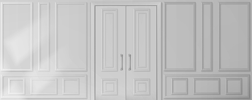 House interior with wall with white wooden panels and doors in vintage victorian style. Vector realistic 3d illustration of empty room with molding frames on wall and double doors