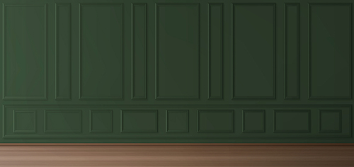 Wall in luxury victorian style, empty room interior, green background with square and rectangular molding stucco panels and wooden floor. Home in ancient english style Realistic 3d vector mock up