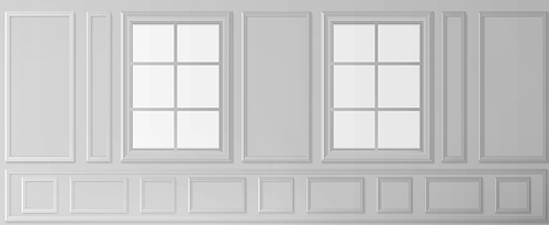 White wall with windows in luxury victorian style, empty vintage room interior, background with square and rectangular molding stucco panels. Home in ancient english style Realistic 3d vector mock up