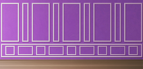 Empty room with purple panels on wall and wooden floor. Vector realistic 3d illustration of house interior in vintage victorian style with white molding frames on wall