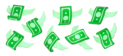 3d render flying banknotes with wings, isolated money set. Green dollars on white background. Twisted paper bills and currency banknotes birds. Business and finance success, casino jackpot win, wealth