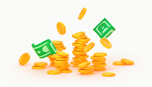 3d render money pile, gold coins stack, falling banknotes, isolated paper and golden dollar bills and currency banknotes on white background. Business and finance success, wealth, jackpot, lottery win