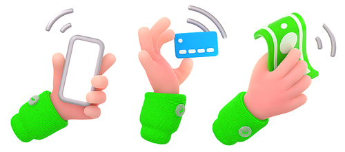 Hands holding mobile phone, bank card and money for online or contactless payment. Icons of digital finance transfer, wireless technology for purchase, 3d render illustration