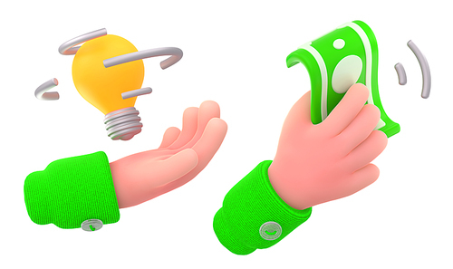 Hand with light bulb and money. 3D render icon set isolated on white. Human character offers creative idea to earn cash. Startup business development, lucrative invention, finance ivestment