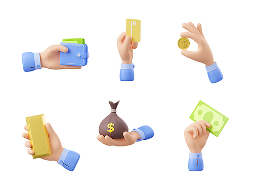Man hand holding cash money, coin, wallet with currency, paper dollar bills, bank card, sack with dollar sign and gold bullion. Concept of payment, finance, savings, 3d render illustration