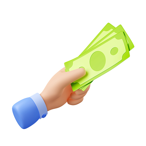 3d render hand with money, businessman palm holding paper bills donate, buying or paying. Concept of financial transaction, investment, currency exchange isolated Illustration in cartoon plastic style