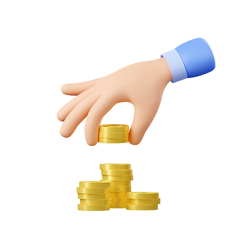 Hand puts gold coins on money stack. Concept of savings, banking, investment, wealth growth, financial donation, 3d render illustration isolated on white