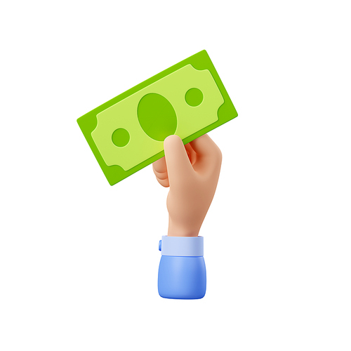 3d render hand with money bill, businessman palm holding paper dollar note donate, buying or paying. Financial transaction, investment, currency exchange isolated Illustration in cartoon plastic style